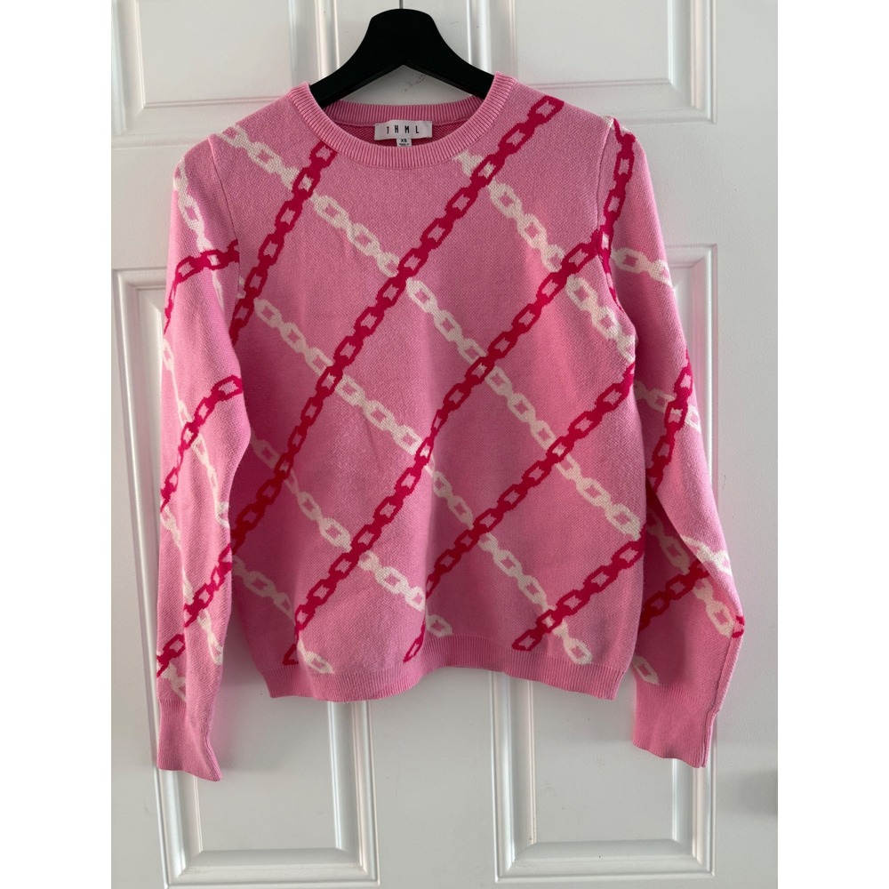 THML Pink Chain Link Argyle Crew Neck Sweater XS‎